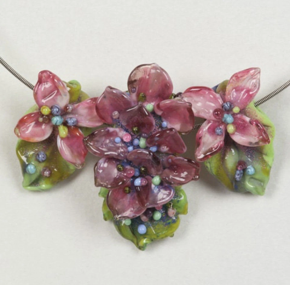 Hermosas cuentas colgantes de vidrio murano hortensias rosa púrpura Patsy Evins 3 Foto 2 de 4