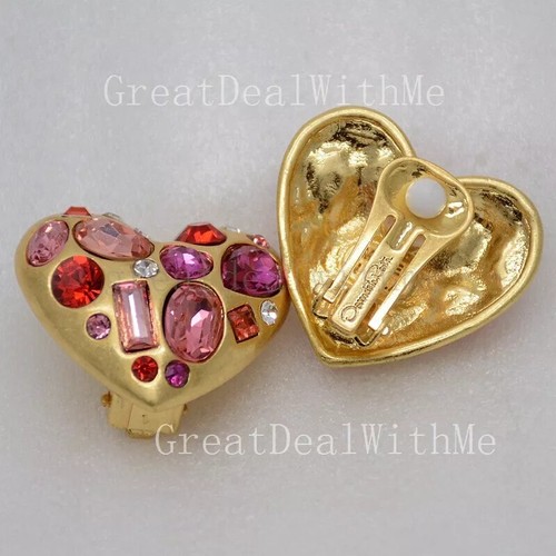Clip On Earrings Purple PInk CZ HUGE Heart For Women gift love - Picture 9 of 10