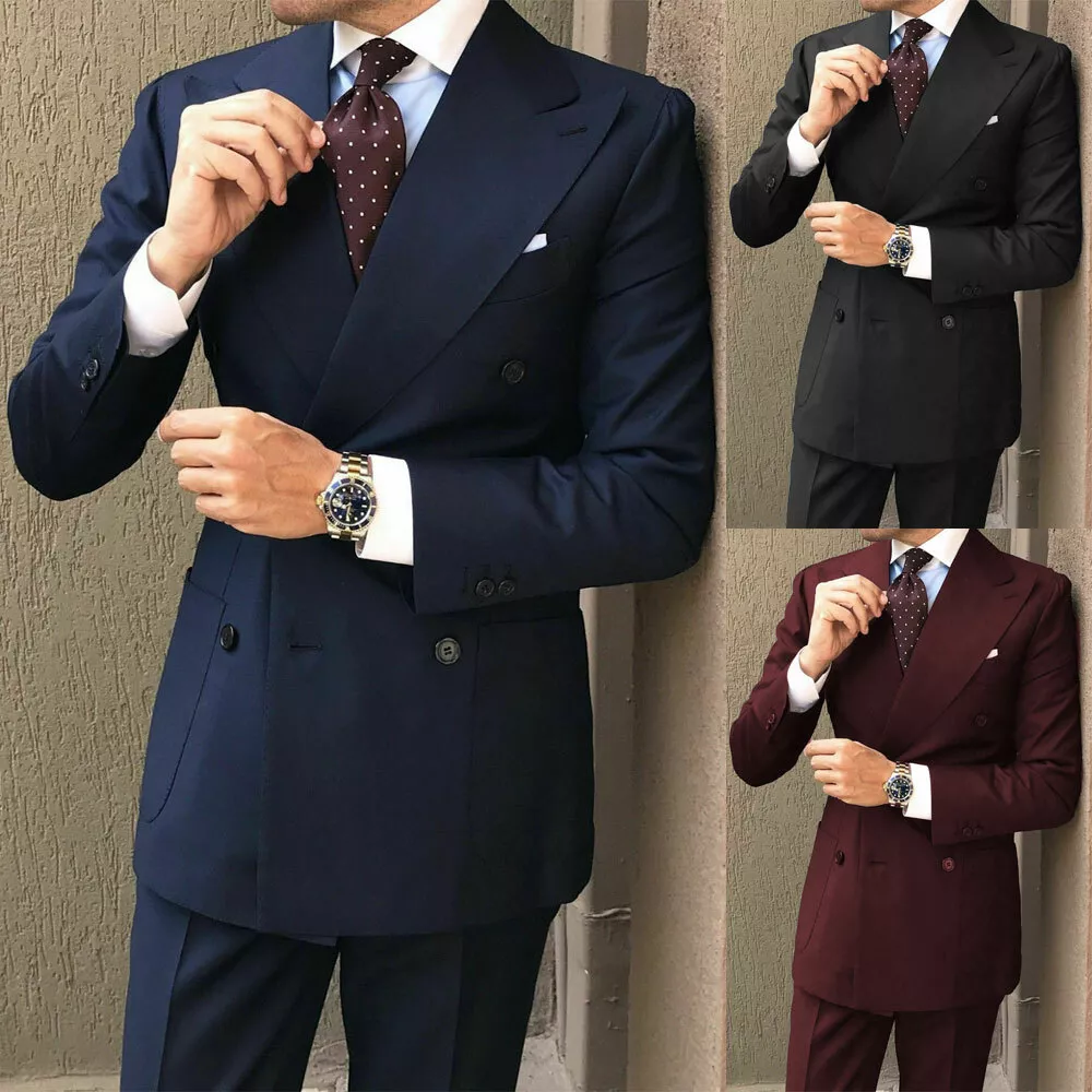 Men Suits Wide Lapel Double Breasted Formal Wedding Party Wear Groom Coat Pants