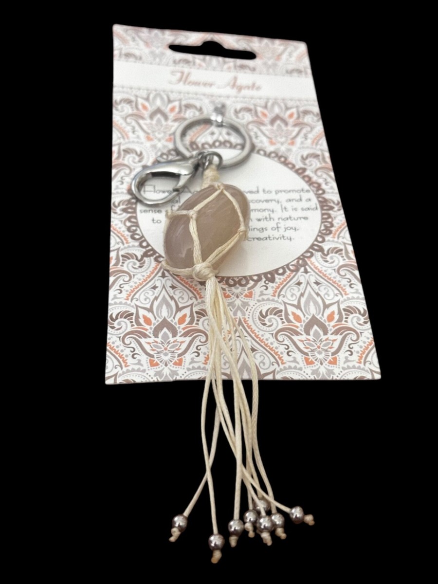 Key Ring/Bag Charm- Flower Agate Stone-thread wrapped- tassels