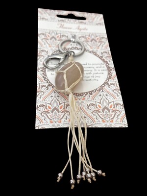 Key Ring/Bag Charm- Flower Agate  Stone-thread wrapped- tassels- beige