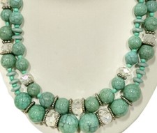 Faux Turquoise Necklace Crystal Bead Graduated Double Strand Choker Silvertone