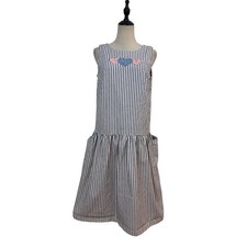 Vtg 90s Denim Jumper Dress Striped Patchwork Hearts Cottagecore pockets grandma