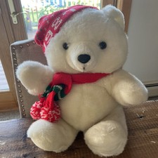 Kmart 1987 1st Collectible Teddy Bear Christmas Plush Knit stocking Hat scarf