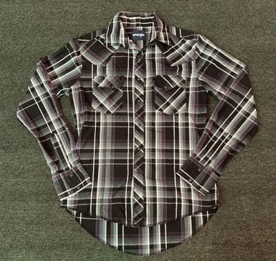 Wrangler Shirt Mens Small Black Plaid Pearl Snap Western Box Gradient Rockabilly
