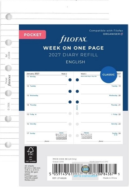 Filofax 2027 Pocket Diary - Week On One Page + 25 Sheets White Ruled Notepaper