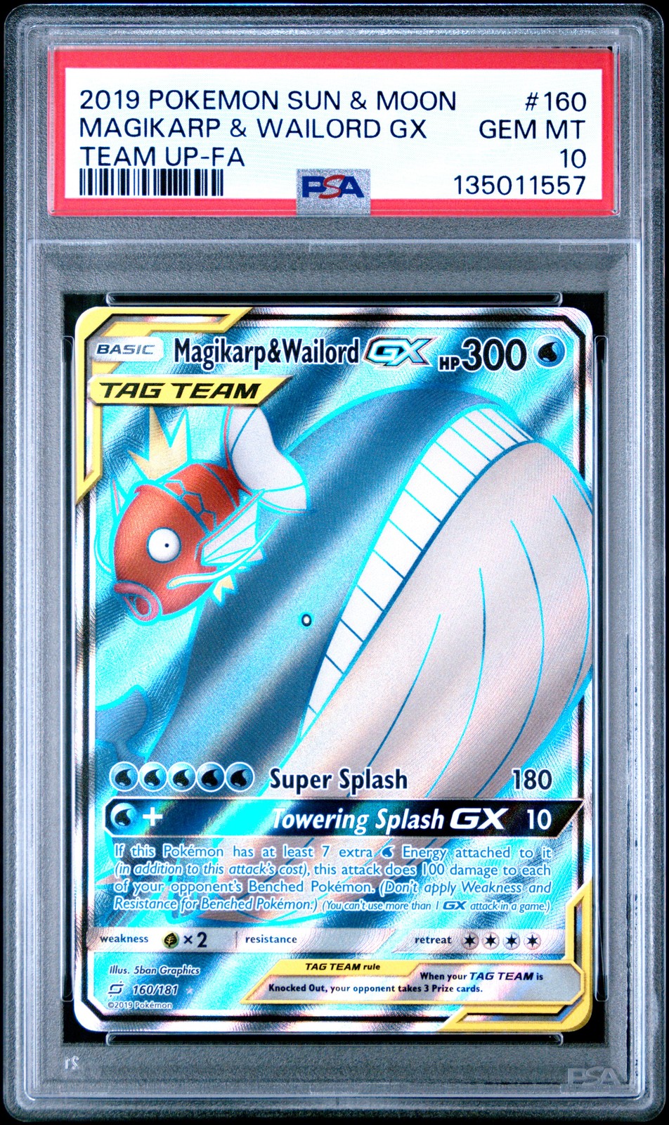 2019 POKEMON SUN & MOON TEAM UP #160 FULL ART/MAGIKARP & WAILORD GX PSA 10