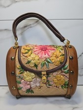 Vtg Floral Raffia Woven Straw Purse Handbag with Wood Trim 50s/60  s 9x8x5 CUTE