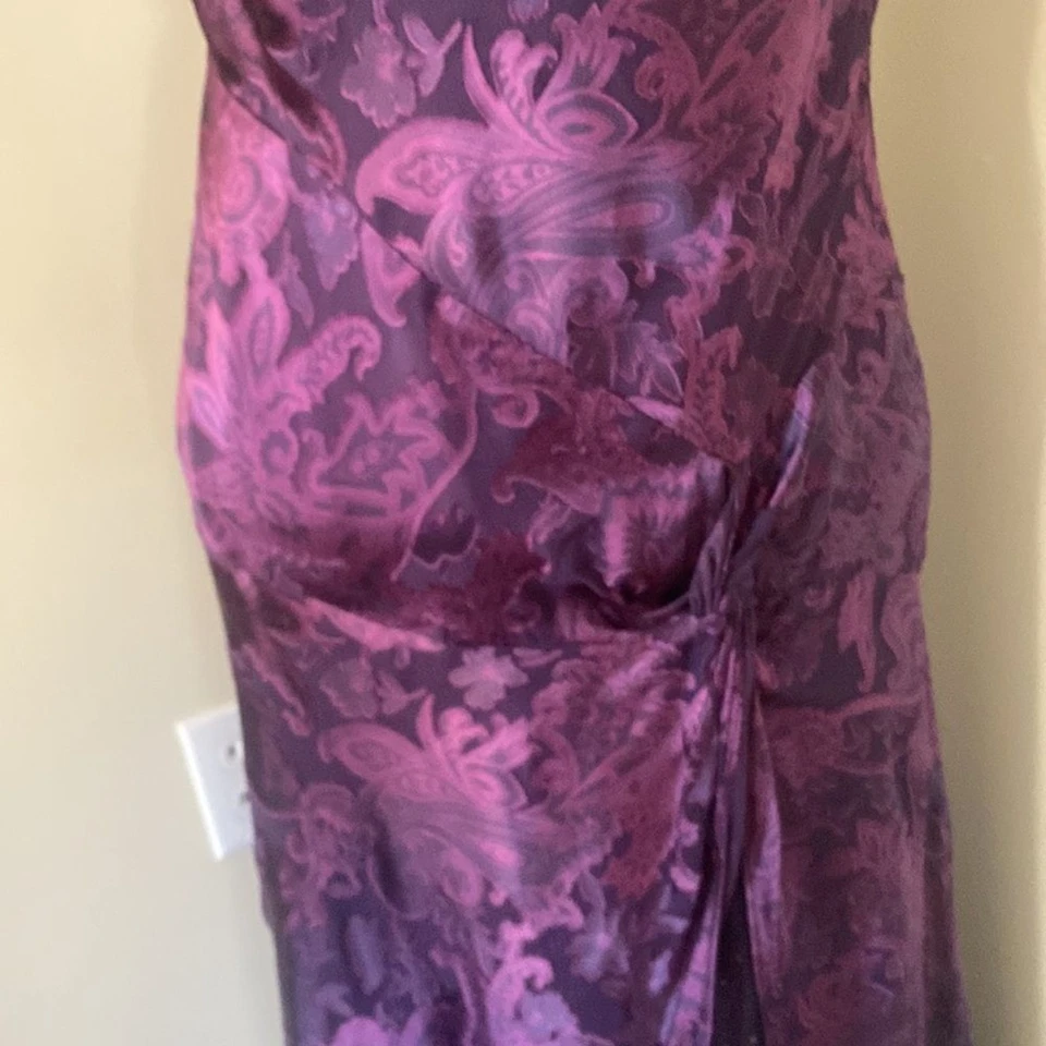 Vestido De Colección Años 90 Valerie Steven’s Púrpura Seda Burnout Transparente Capucha Cuello Cuentas Talla 4 Foto 4 de 4