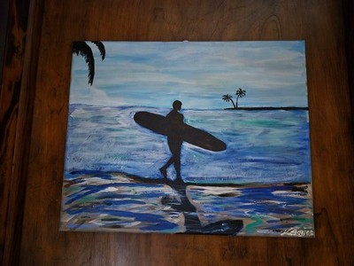 Local Artist Large Canvas Surfer Silhouette Mint Cond Original Art Gorgeous