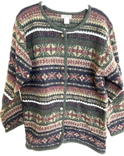 Vintage Skyr Women’s Med Olive Navy Burgundy Wool Cardigan Button Up Granny Core