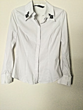Zara Women White Cotton Blend Shirt Blouse Jeweled Collar Stretch Long Sleeve M