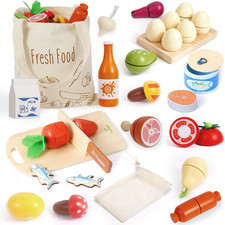 Wooden Play Food Set for Kids, Pretend Play Kitchen Accessories Play Food Sets