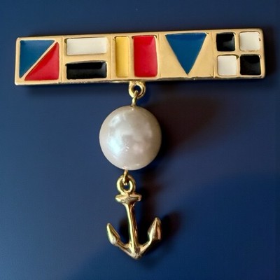 Marvella Pearl Anchor Brooch Nautical Enamel Signal Flag Bar Pin Vintage