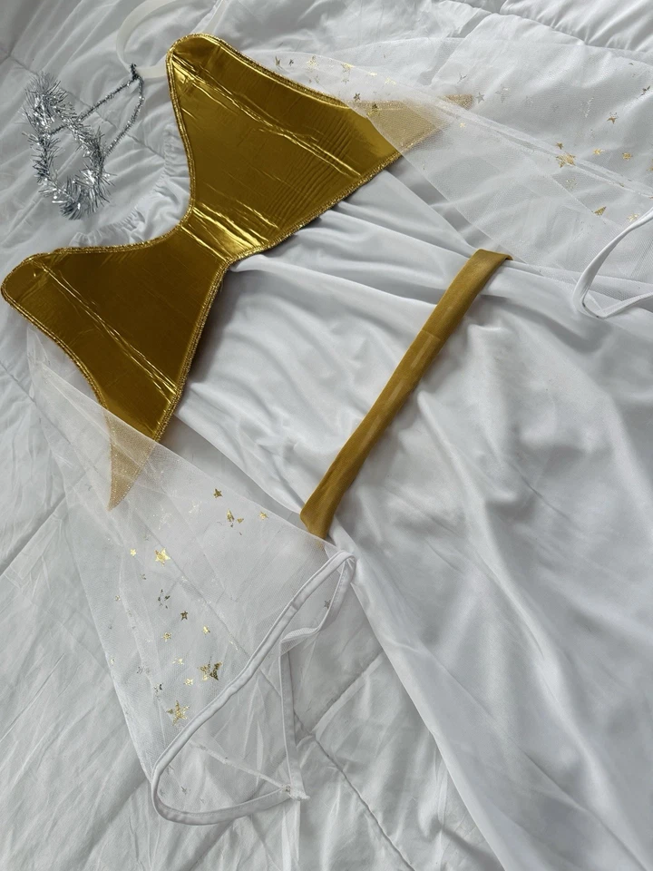 Disfraz de ángel para niñas con alas adjuntas/mangas brillantes de malla/halo-talla M (8-10) Foto 4 de 4