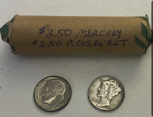 90% Silver Dime Roll. 25 Mercury & 25 Roosevelt, 50 dimes total, $5 face value.