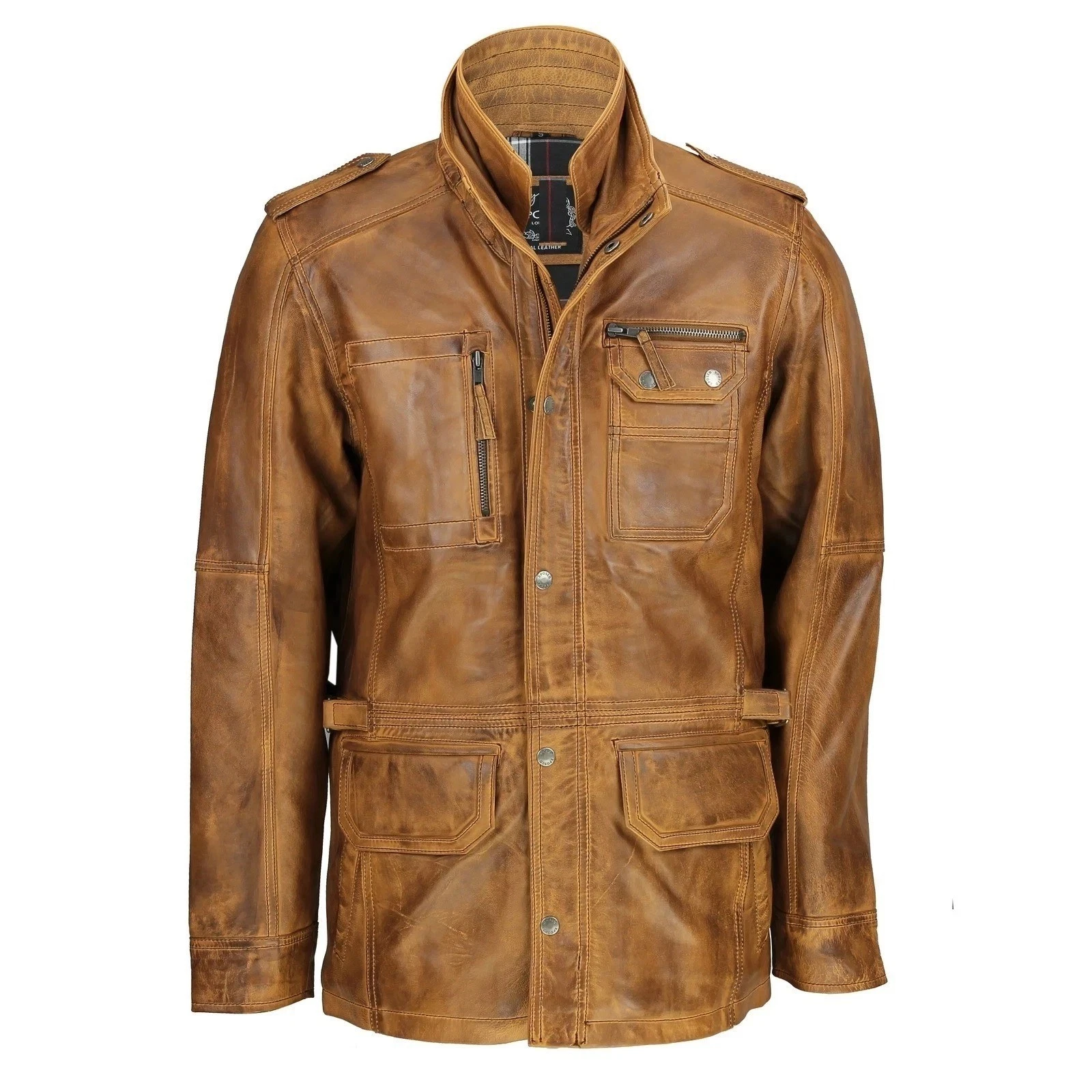 Men's Tan Brown Waxed Leather Jacket Vintage Military Smart Casual Field Style