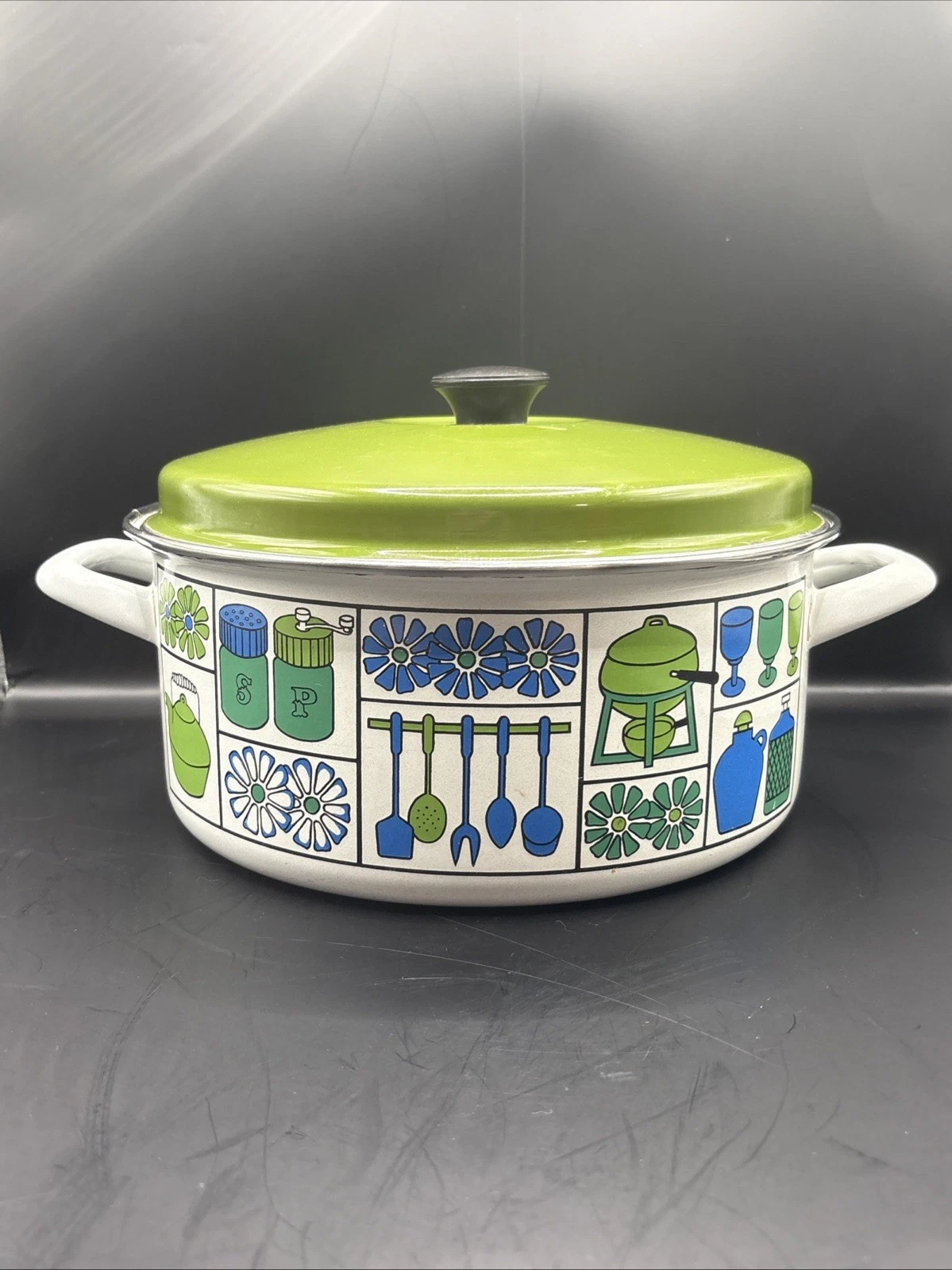 Vintage GHC Enamel Dutch Oven Pot Retro Kitchen Graphics MCM 70s Blue Green Lid