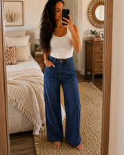 Edikted Womens Jeans Small Petite Blue Pinstripe Wide Leg Baggy Denim NWT Y2K