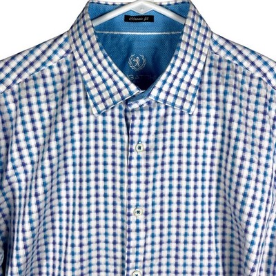 Bugatchi Uomo Button Down Mens XL Blue White Gingham Classic Fit Cotton Shirt