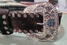 Nocona Women's Leather Belt Size M BLINGY/ Cow Hair Rhineston, 1996