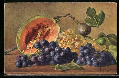 Künstler-AK M. Billing: Trauben, Melone und Feigen liegen auf einem Tisch, Stil 