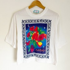 Vintage 80s Sunsations Surf Cropped T Shirt Single Stitch Aloha Hawaii Floral L