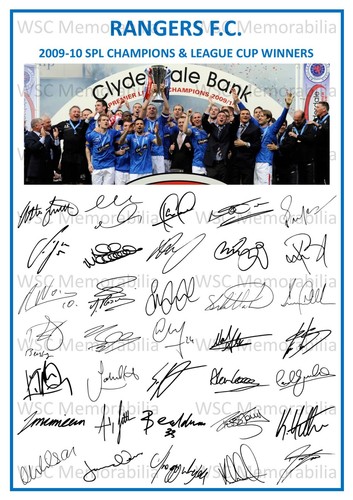 12863. 2009-10 Glasgow Rangers Signed Team Photo Sheet PRINTED AUTOS A4 Double