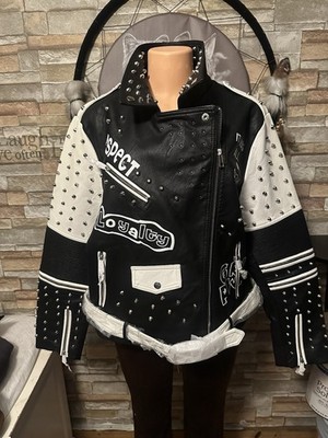 REDFOX Studded Graphic Print Biker Jacket Black White Collared Women Long Sleeve