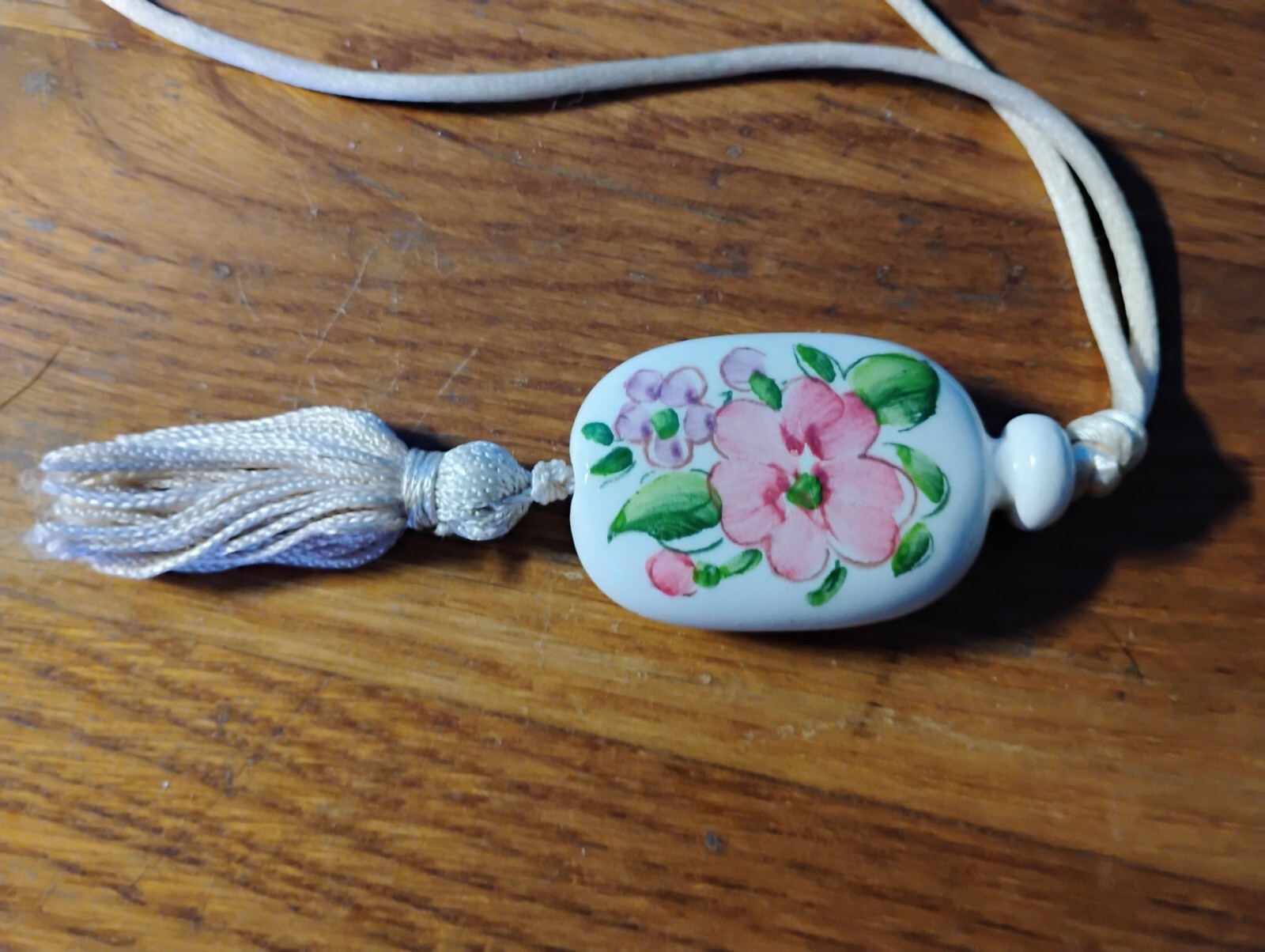 Vintage Floral Porcelain Pendant W/ Tassel Necklace White W/ Pink Flowers