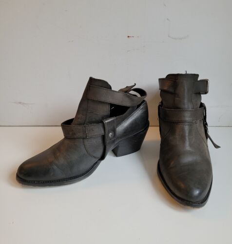 Vintage Black Leather Cuban Heel Cowboy Cowgirl Ankle Strap Boots Shoes UK 6 39 - Afbeelding 1 van 14
