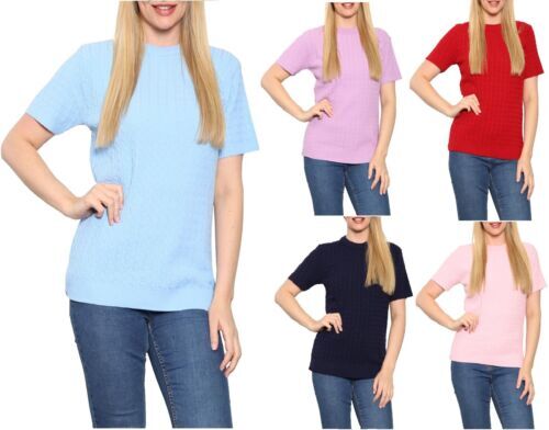 Women's Knitted Short Sleeve Top Sweater Ladies Crew Neck Short Sleeve Jumper - Afbeelding 1 van 21