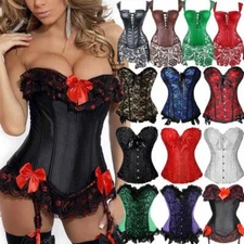 UK Women's Overbust Gothic Satin Lace up Boned Bustier Corset Top Sexy Lingeries