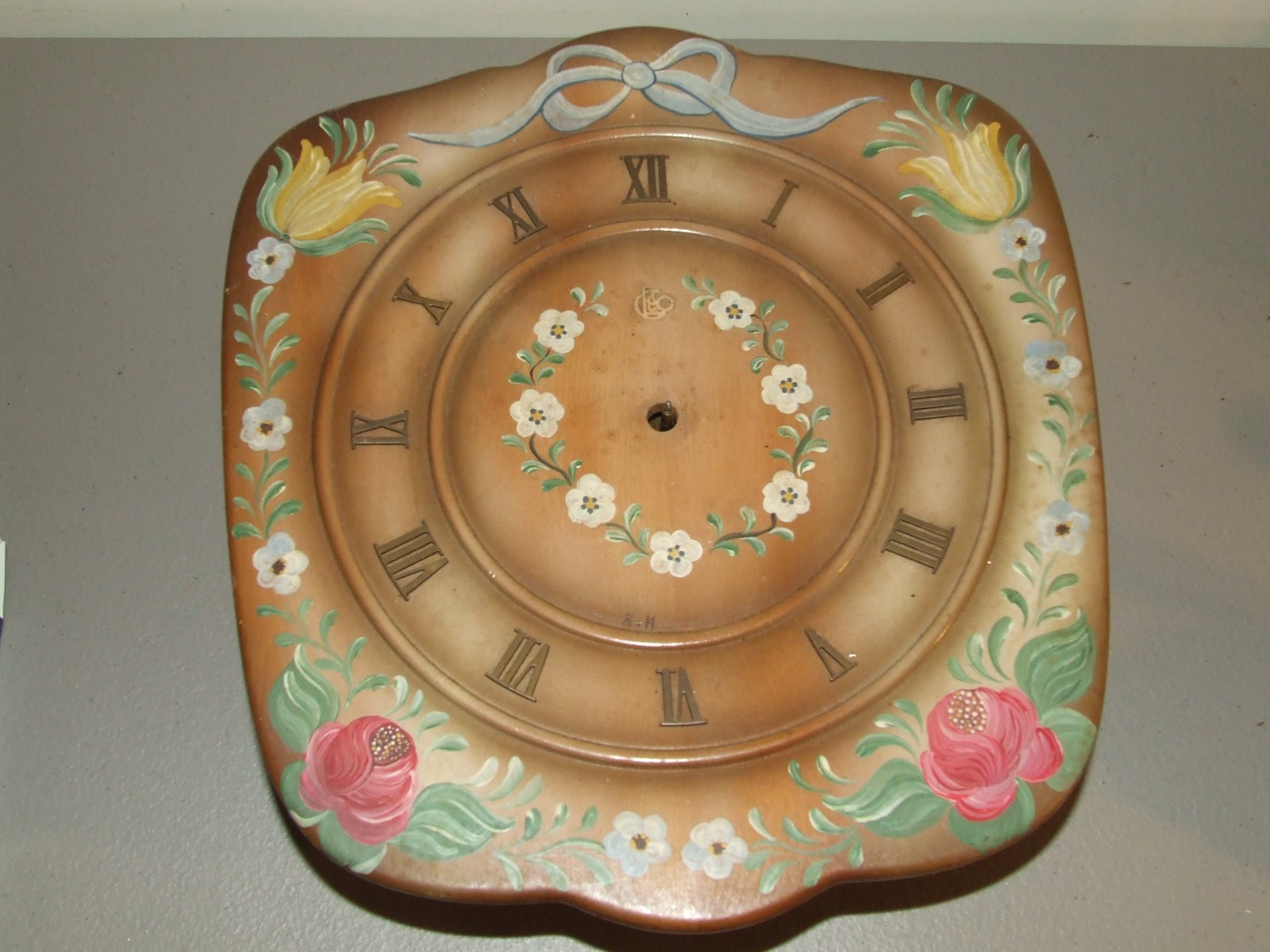 Antique Hand Painted Walnut Wag On Wall German Mid Century Mechanical Wall Clock