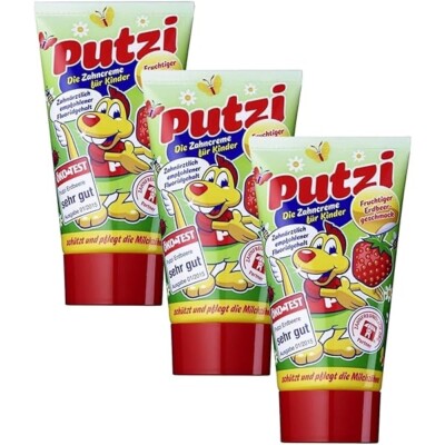 PUTZI Children's toothpaste -STRAWBERRY- Baby Teeth -PACK OF 3- FREE SHIPPING