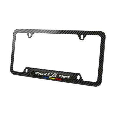 Mugen-Style Black Stainless Steel License Plate Frame – With Red Carbon Fiber Emblem – Front Mount – 12.25" X 6.25"