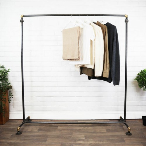 Clothing Rail Coat Rack Free Standing Single Industrial Raw Steel & Brass Pipe - Afbeelding 1 van 4