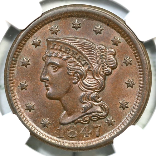 1847 N-10 R-3 NGC MS 63 BN Braided Hair Large Cent Coin 1c