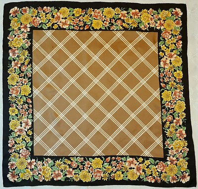 SCARF VINTAGE AUTHENTIC TRIANGLE FLORAL PLAID ROSES BLACK BROWN SILK 30'' SQUARE