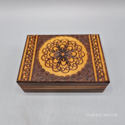Vintage Poland Pyrography Wood Burned Folk Art Box Hinged Lid, Medallion Pattern