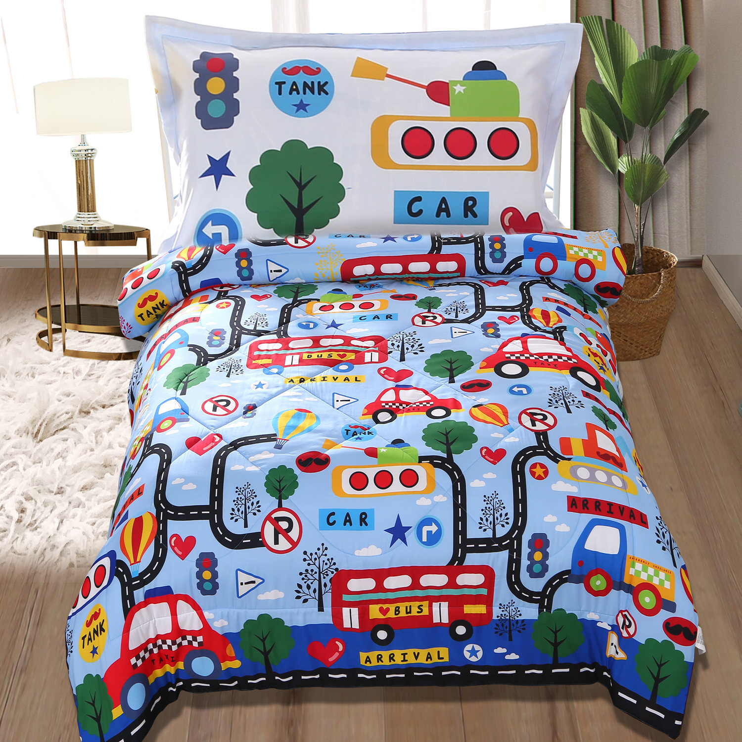 Wowelife Toddler Bedding Set Blue Premium 4 Piece Car Toddler Bed Set Super Soft