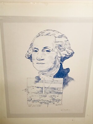 President George Washington Blue Pen & Ink Print Artist Signed 20x15 Print
