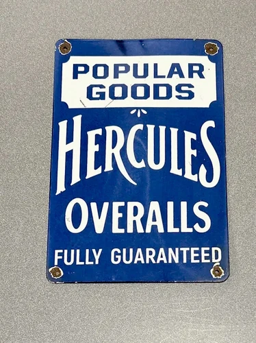 VINTAGE 15” RARE HERCULES OVERALLS STORE PORCELAIN SIGN CAR GAS OIL AUTOMOBILE