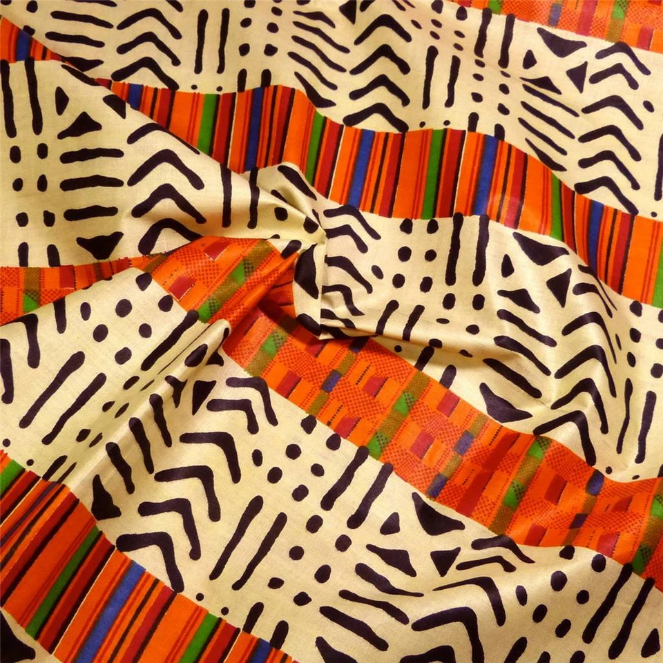 Tela de tela africana Kente y barro teñida con cera mixta, crema, naranja y azul, Malí Foto 2 de 4
