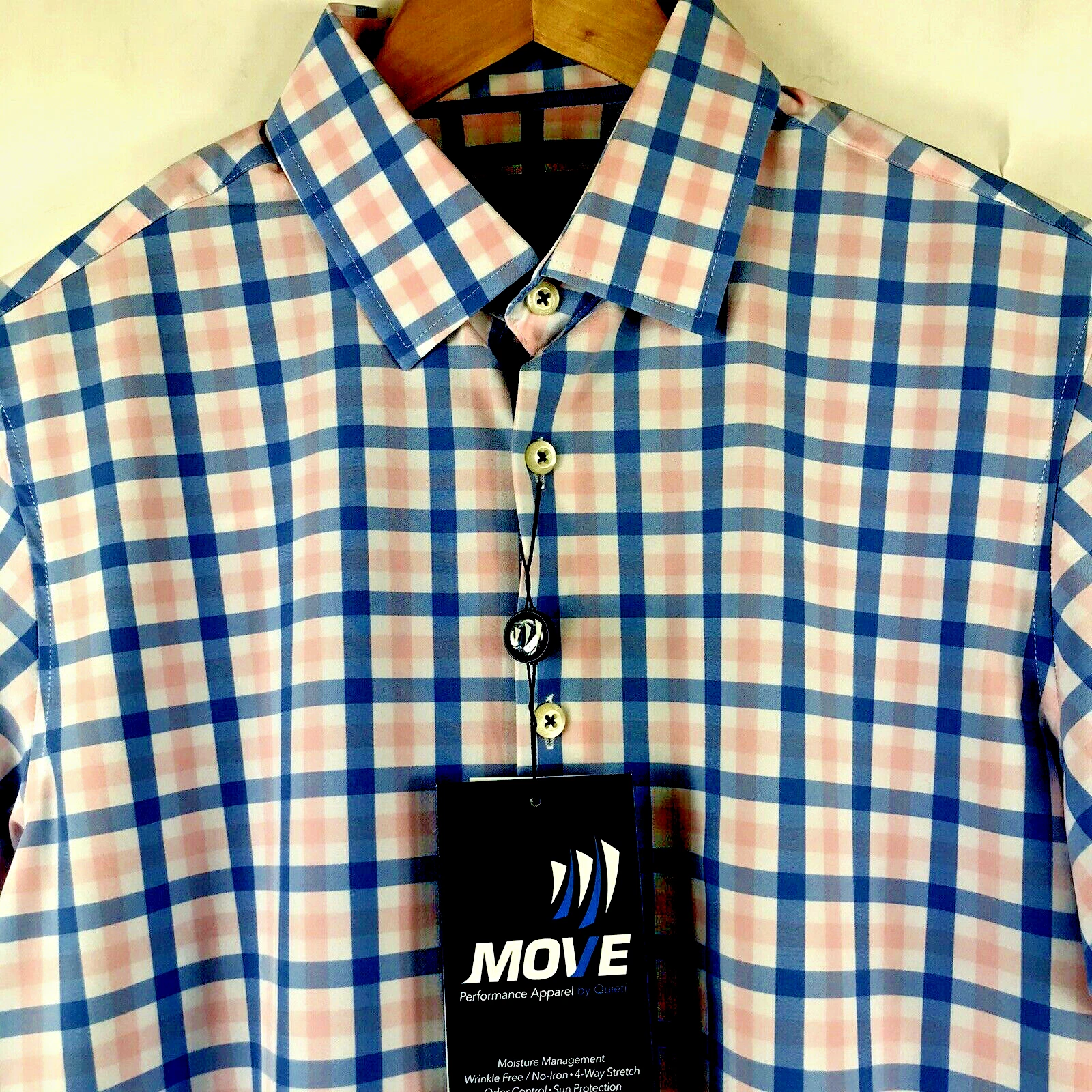 MOVE Performance Shirt Mens Small Wicking Sun Protect QUIETI Pink Plaid $110 NEW