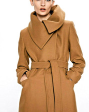Zara Long Manteco Wool Coat With Wrap Collar Camel Tan Belted Size Xs Bnwt