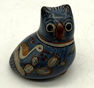 Vintage Clay Hand Painted Mexican Folk Art Pottery Blue Tonala Owl FigurineDecor