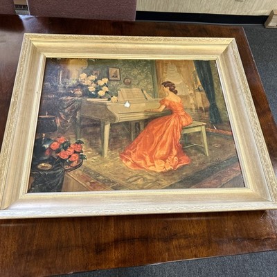 Mid Century Antoni Ditlef Print Last At A Piano +Frame By TM Co Vintage 37 x31 