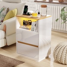 LED Bedside Table With Charging Station Side Cabinet Nightstand with 2 Drawers