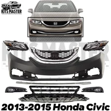 Front Bumper Cover Primed Plastic & Headlights Kit For 2013-2015 Honda Civic
